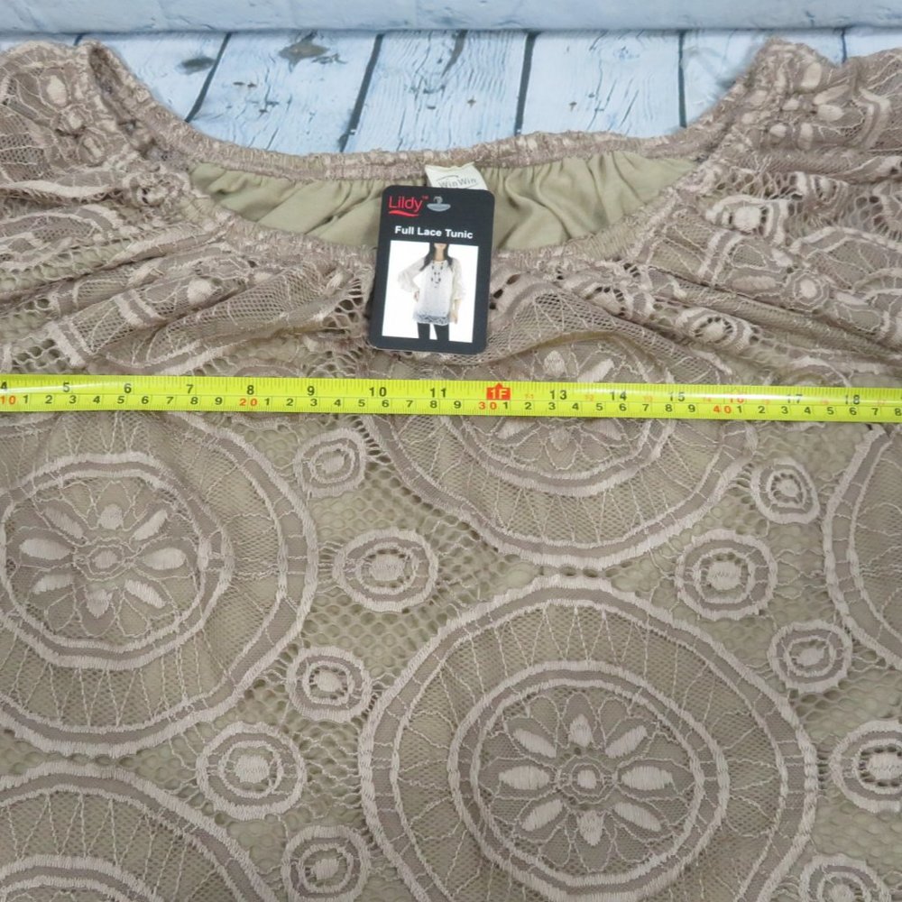 New WinWin Women Brown Full Lace Bell Sleeve Tunic Top L-XL - Picture 2 of 5